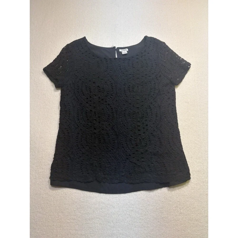 J Crew Casual Short Sleeve Scoop Neck Blouse Womens Size 7 Black Lace Viscose